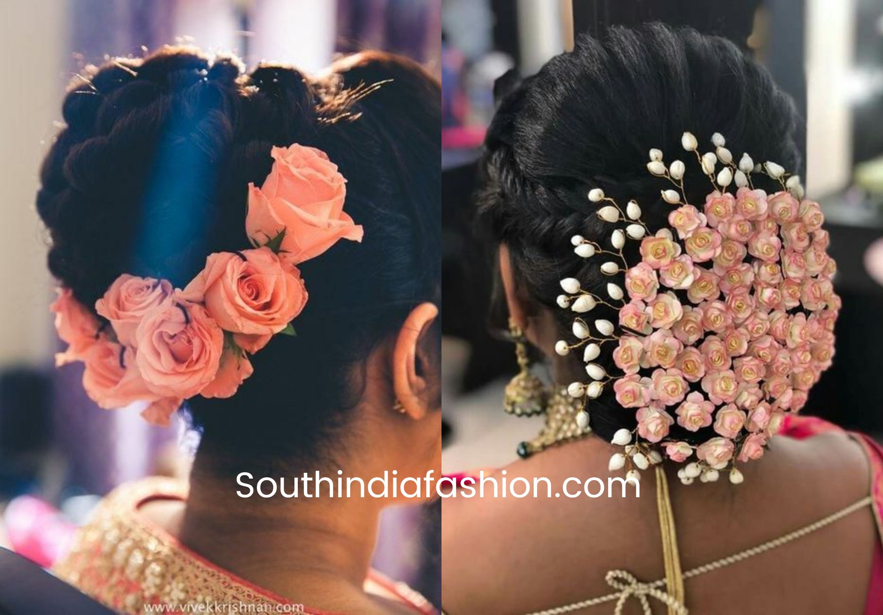 Indian Wedding Bun Hairstyle With Flowers And Gajra in Indian Bridal Hairstyle With Roses