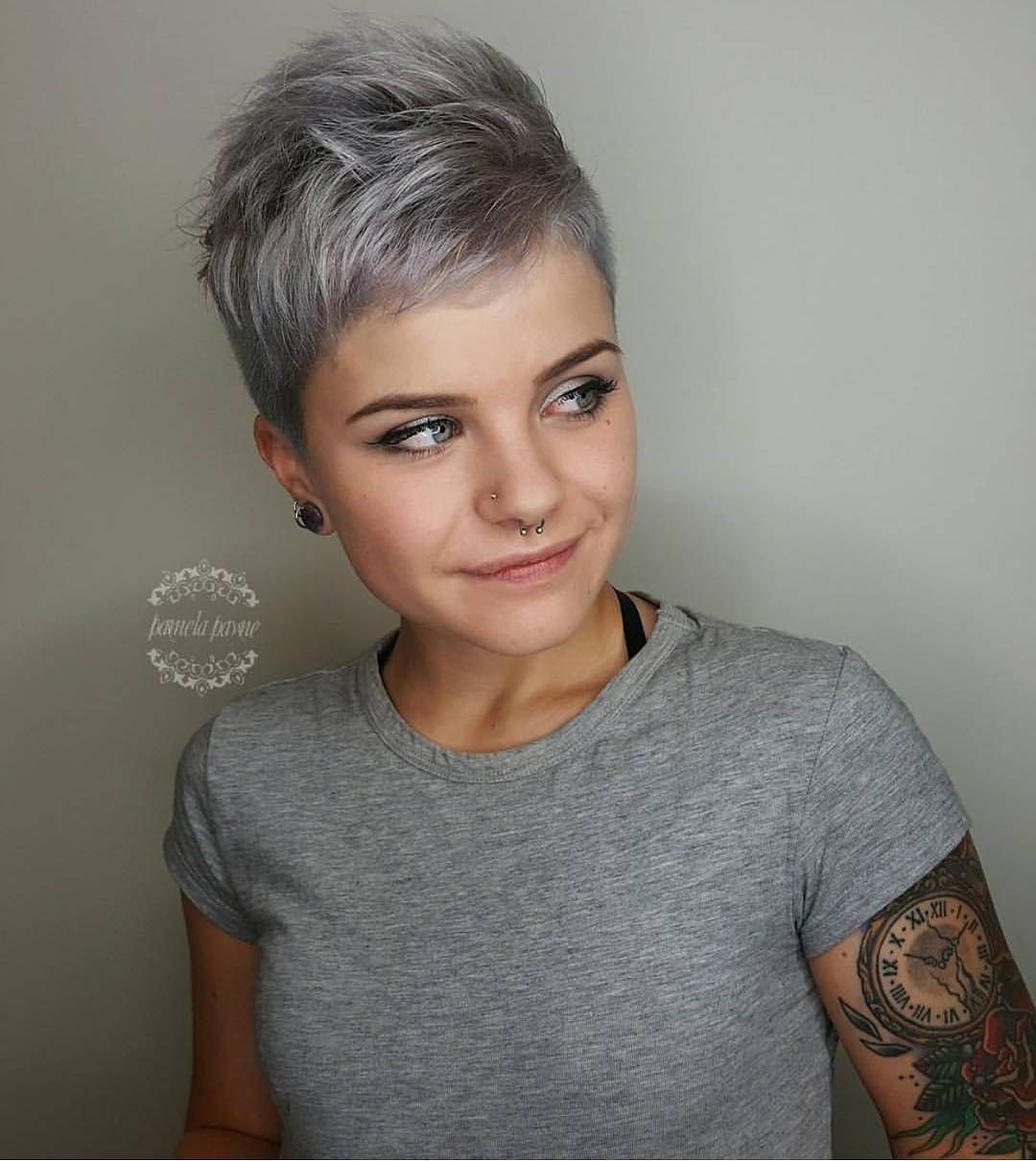 Partially Shaved Pixie Cut With Gray Coloring | Pixie Cuts regarding Short Fine Gray Hair Styles