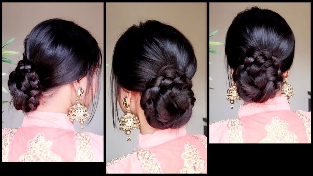 Quick Easy Braided Bun Hairstyle For Parties//indian Wedding Guest  Hairstyle For Medium To Long Hair pertaining to Indian Hairstyle Low Bun
