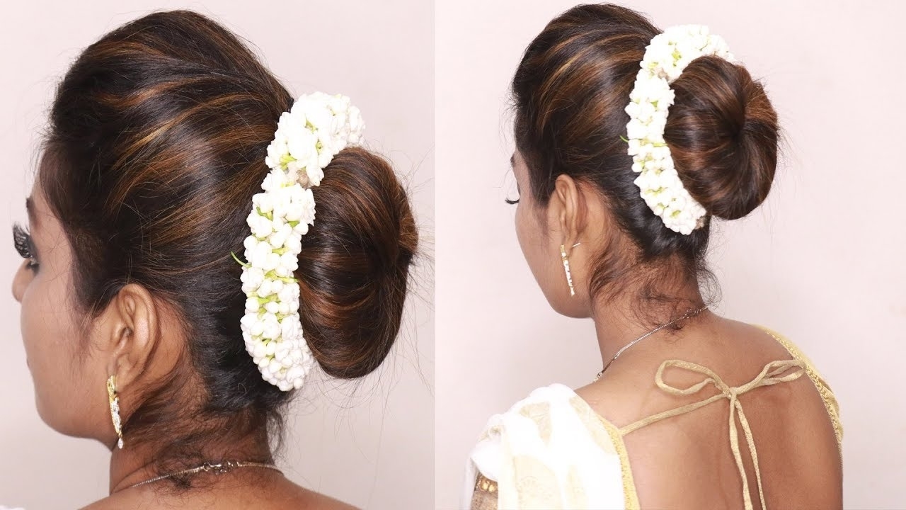 South Indian Wedding Guest Hairstyles Tamil | Puff With Bun Hairstyles |  Puff Hairstyle Tricks intended for South Indian Bun Hair Style