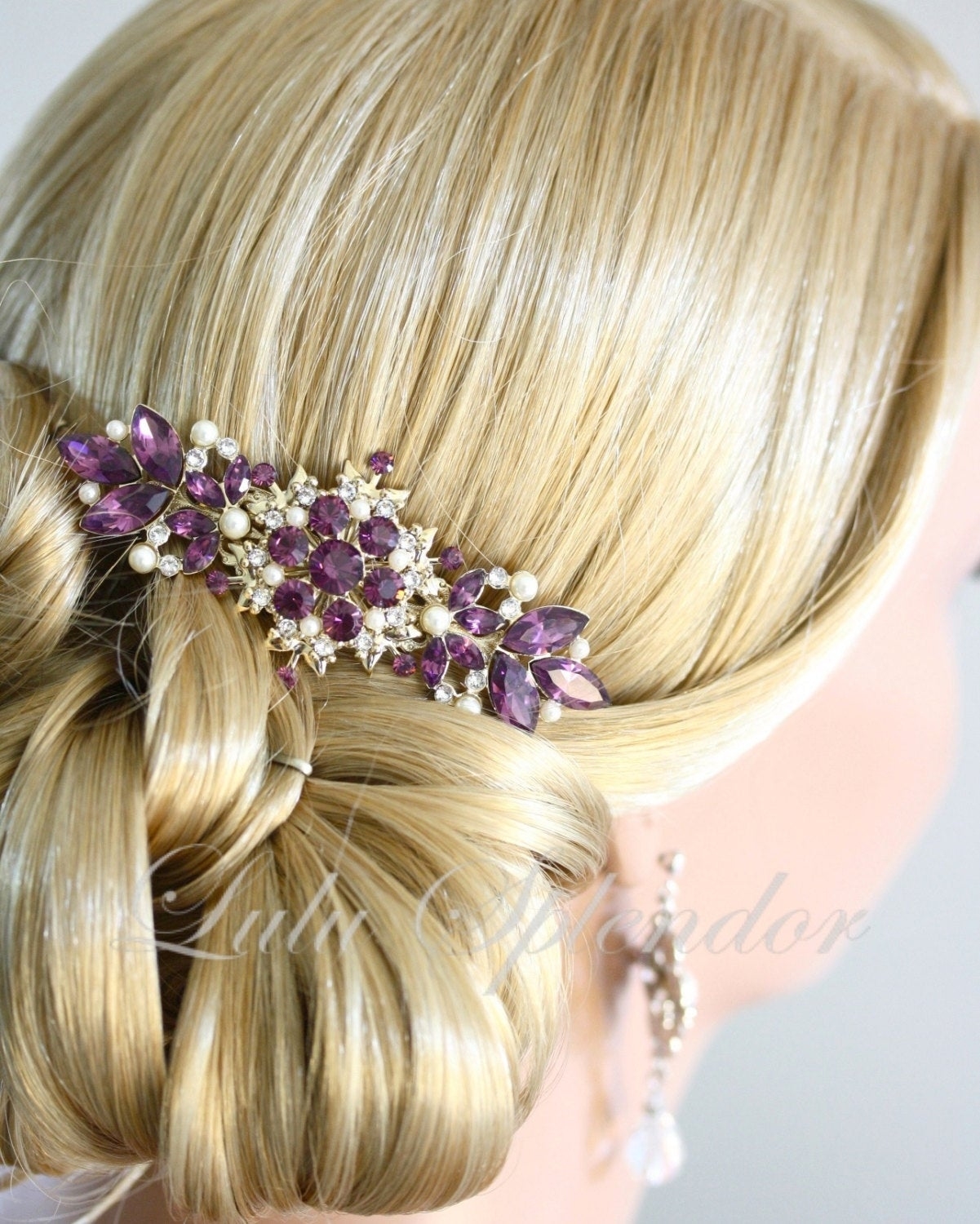 Vintage Bridal Comb Amethyst Wedding Hair Comb Purple Wedding Hair  Accessories Gold Comb, Chantilly within Purple Wedding Hair Pieces