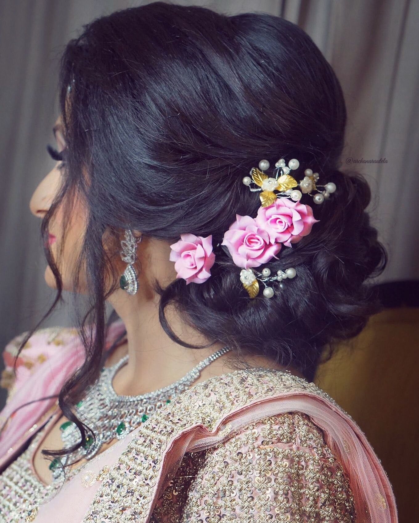 Slay The Hair On Your Engagement Pink Rose Lower Bun Loose pertaining to Indian Hairstyle With Rose