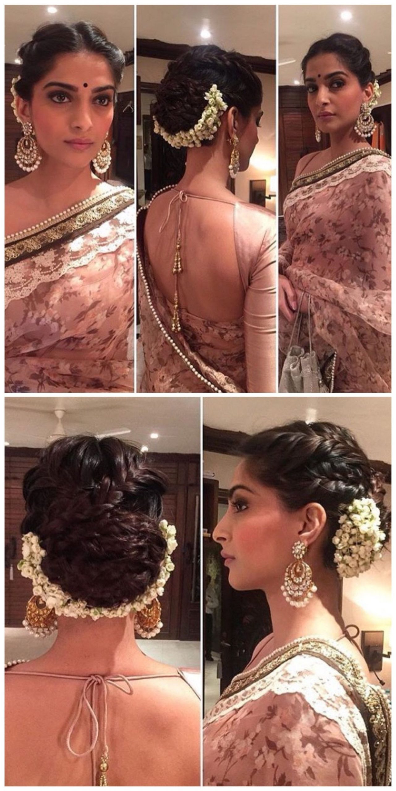 Sonam Kapoors Hairstyle Is On Fleek For A Wedding. Love The inside Indian Hairstyle With Gajra