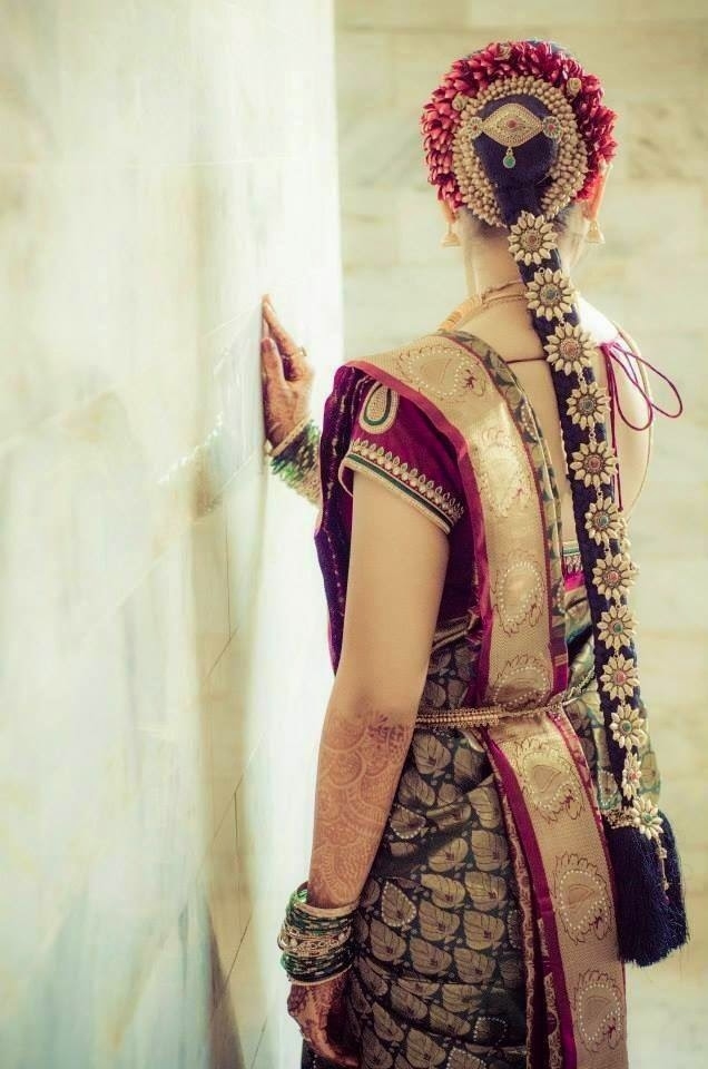 Pelli Poola Jada: Southindian Bridal Hairstyles With Flowers in South Indian Bridal Hairstyle Front Look